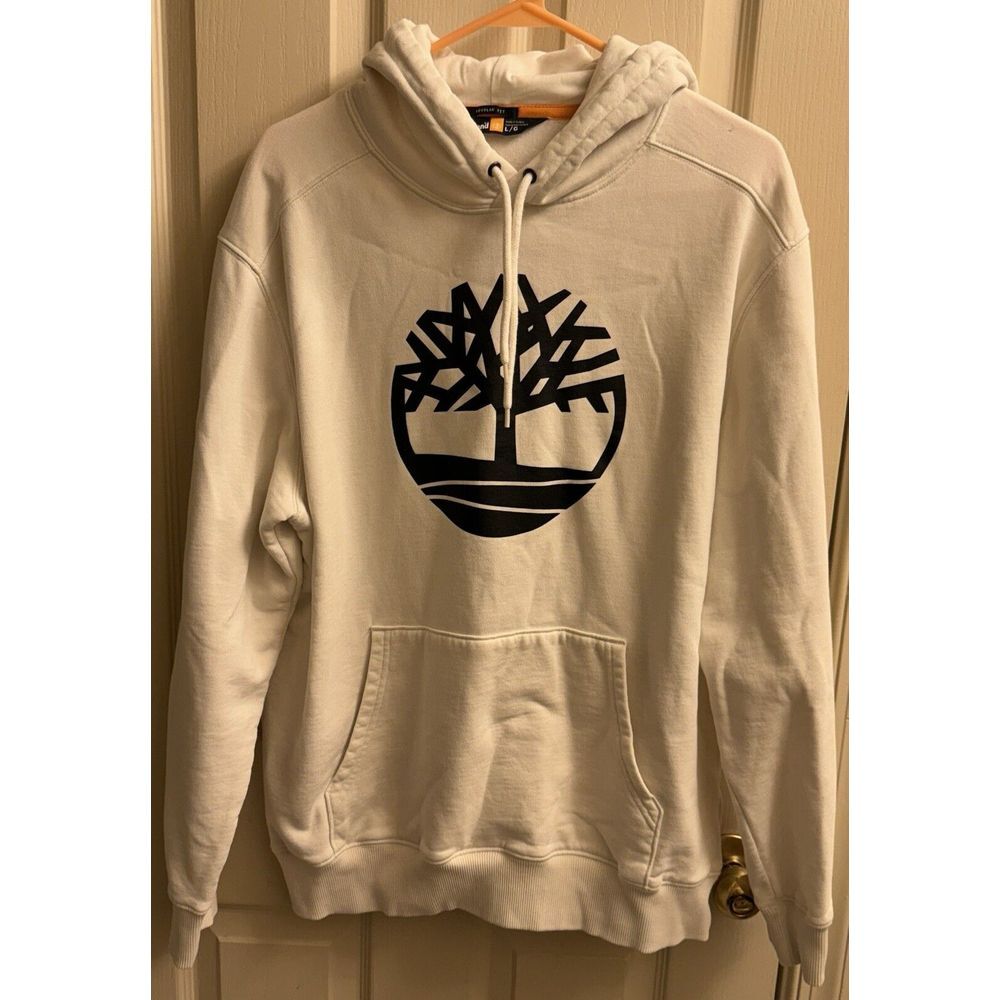 Men Timberland Pullover Hoodie Size Large Tree Logo White Regular Fit